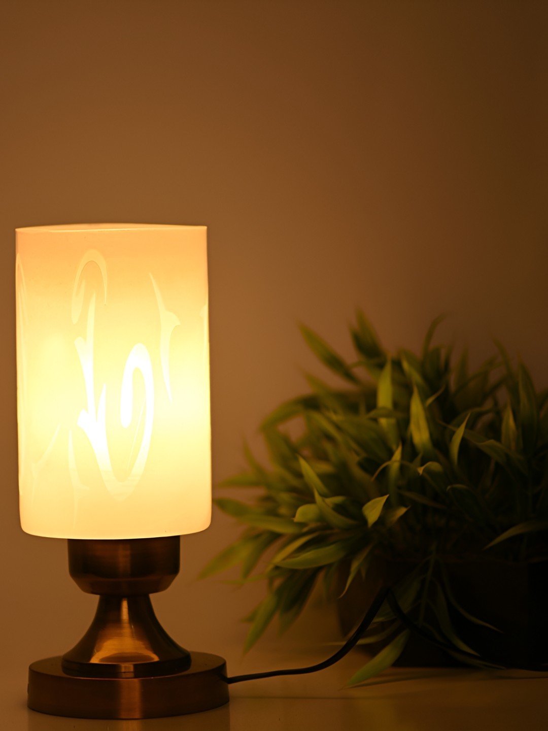 

1ST TIME Yellow & White Abstract Printed Metal Contemporary Cylindrical Shaped Table Lamp