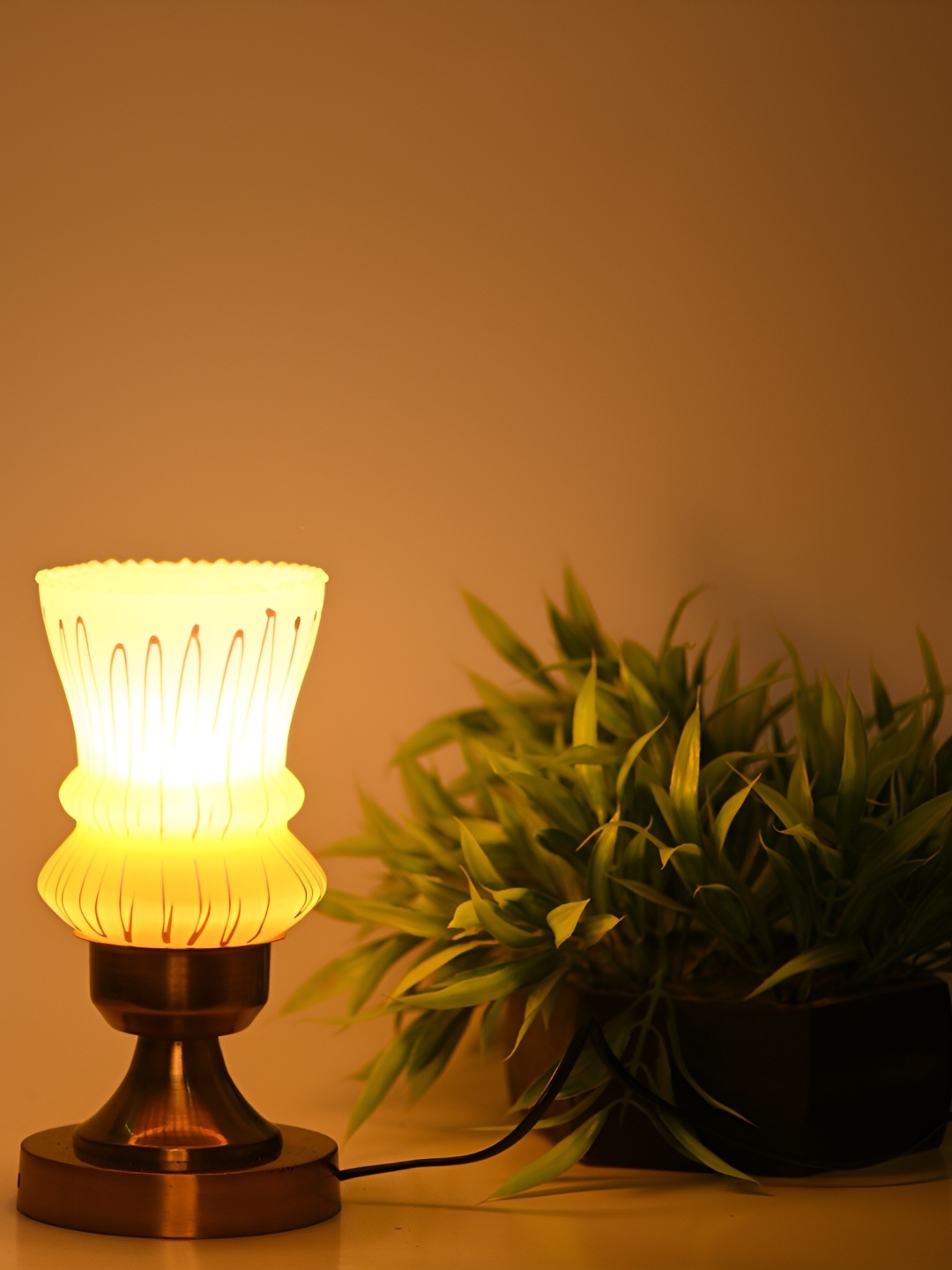

1ST TIME Yellow & Gold Toned Printed Contemporary Abstract Shaped Metal Table Lamp
