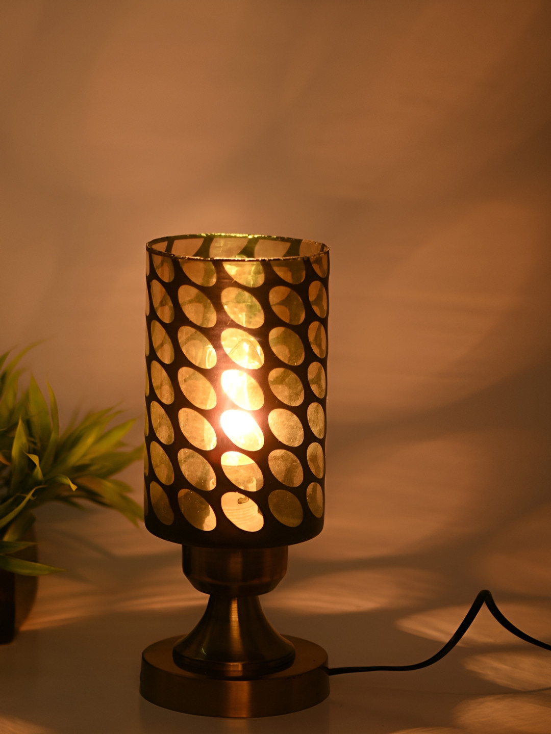 

1ST TIME Brown Printed Metal Traditional Cylindrical Table Lamp