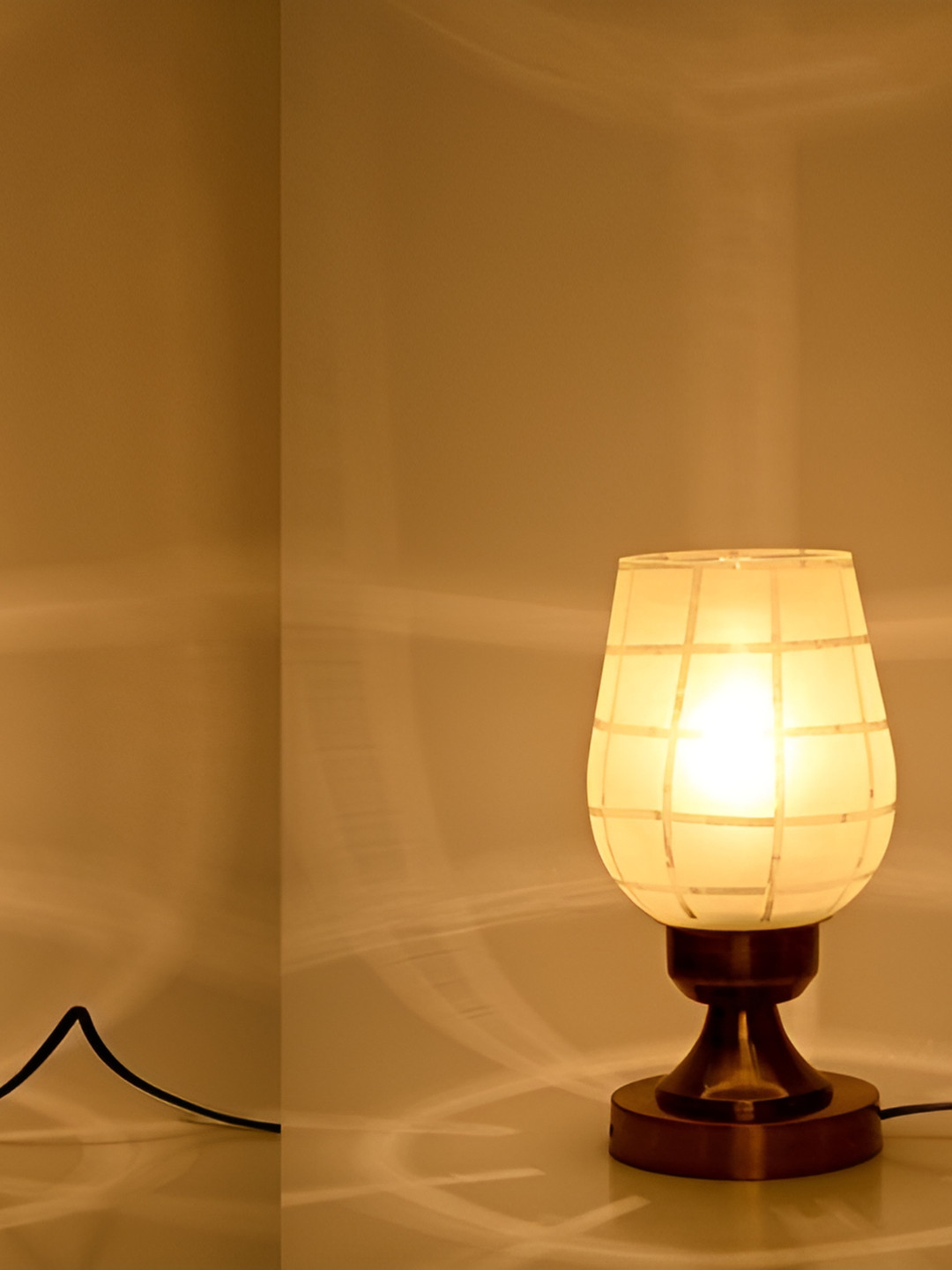 

1ST TIME White & Gold Toned Printed Metal Contemporary Cylindrical Shaped Table Lamp