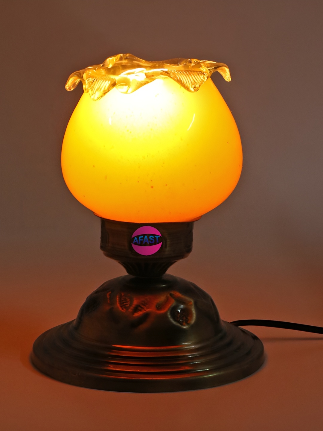 

1ST TIME Yellow and GoldToned Glass Contemporary Bell Shaped Table Lamp