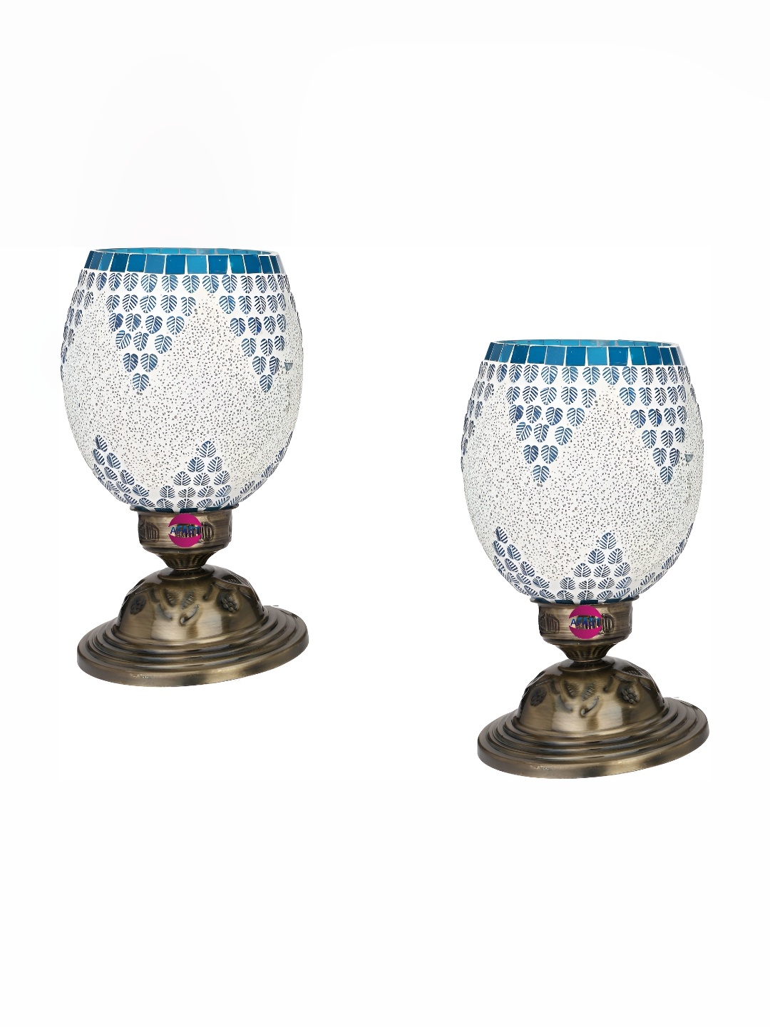 

1ST TIME Blue & White 2 Pieces Textured Metal Traditional Bell Shaped Table Lamps