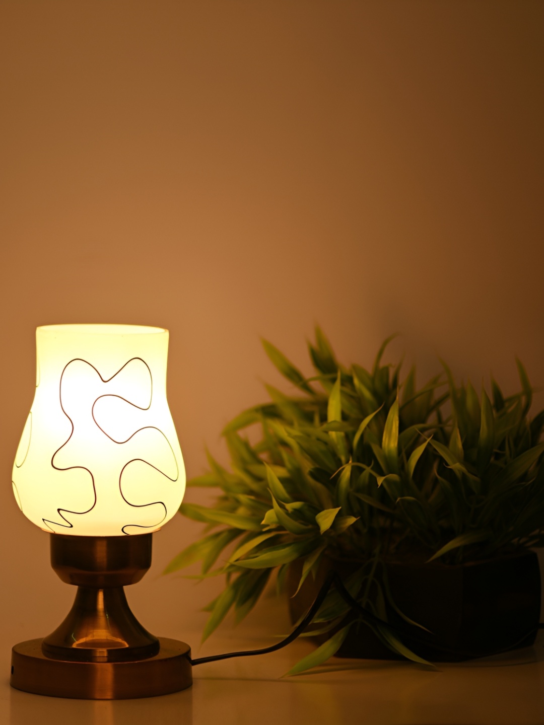 

1ST TIME Yellow Printed Metal Traditional Bell Shaped Table Lamp