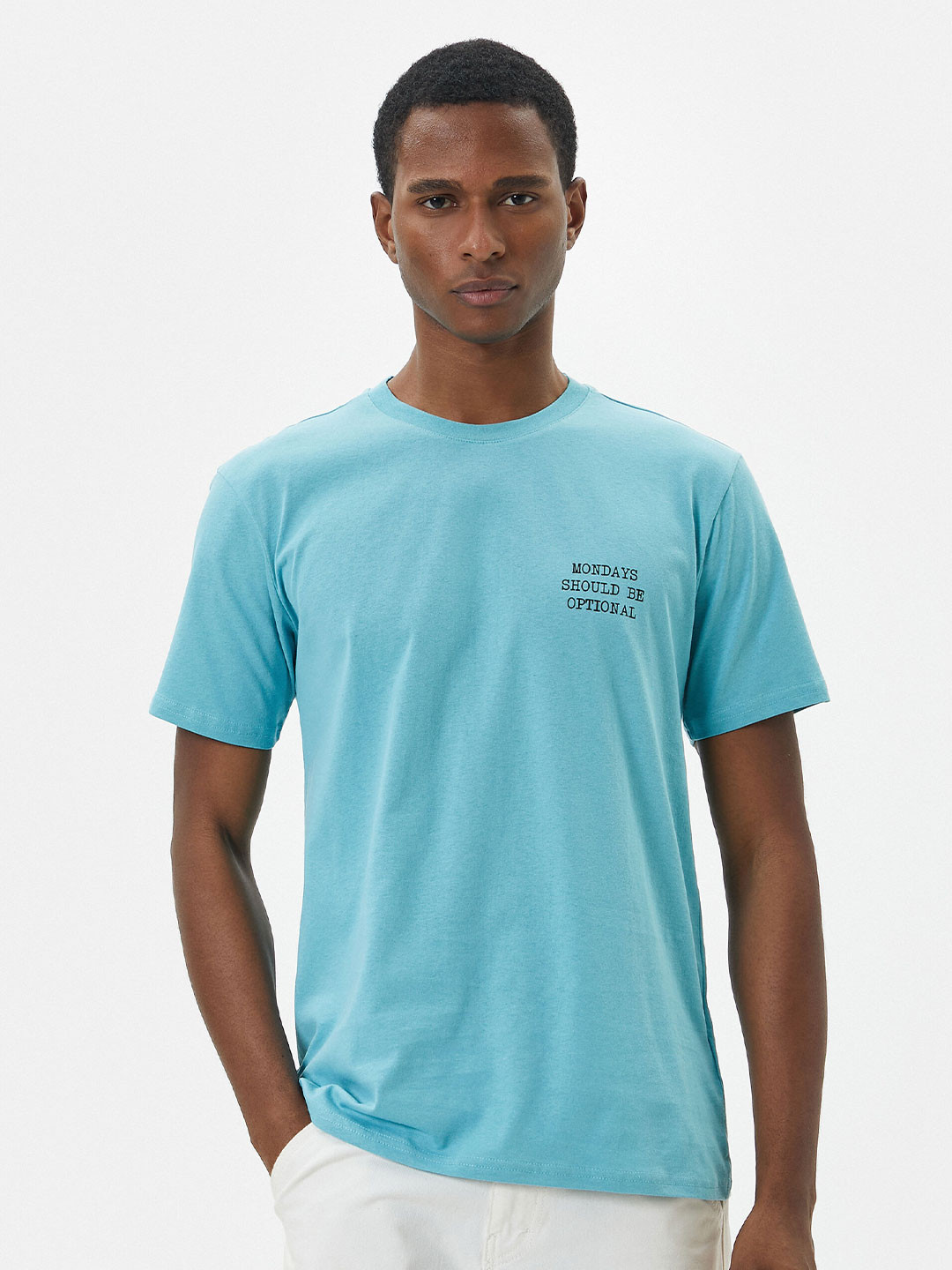 

Koton Round Neck Short Sleeves Typography Printed Slim Fit Cotton T-shirt, Blue