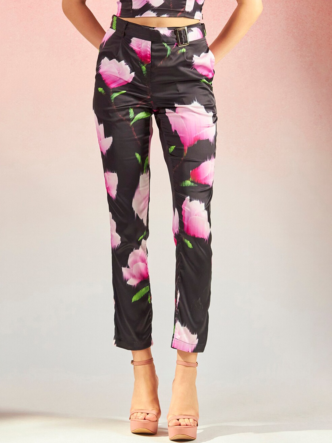 

Virgio Women Floral Printed High-Rise Trousers, Black