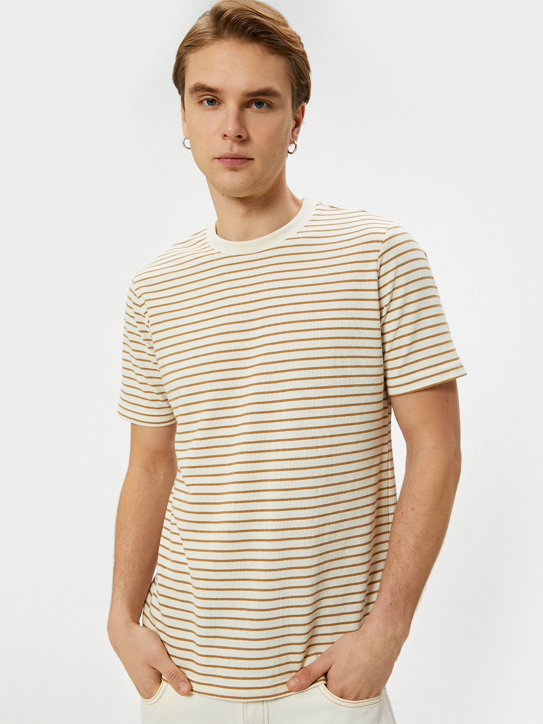 

Koton Striped Round Neck T-shirt, Camel brown