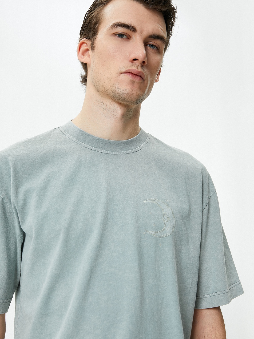 Koton Round Neck Pure Cotton Oversized T-shirt, Khaki