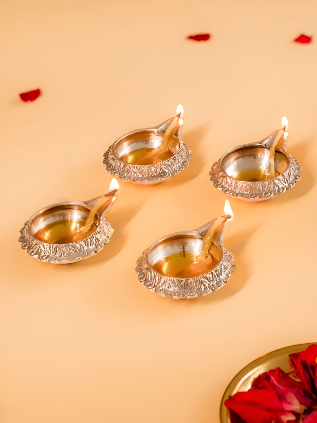 

DecorTwist GoldToned 4 Pieces Medium Size Kuber Diyas, Gold