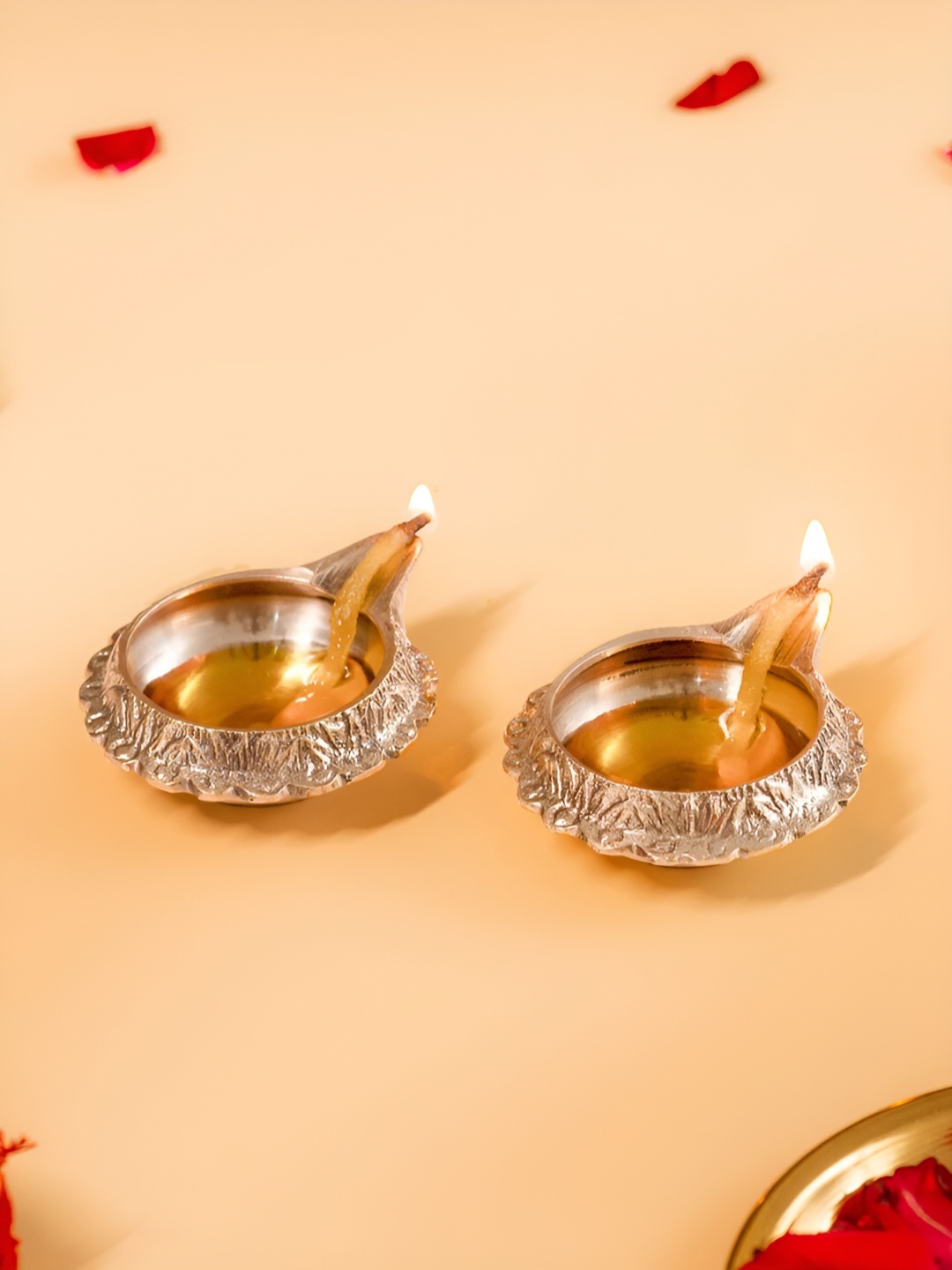 

DecorTwist Beige 2 Pieces Textured Brass Medium Size Kuber Diyas