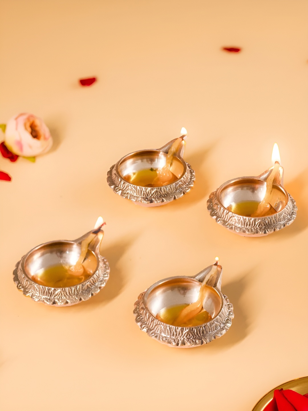 

DecorTwist Beige 4 Pieces Textured Brass Large Size Kuber Diyas