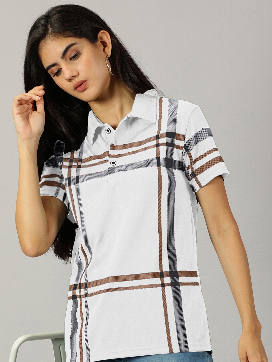

AUSK Striped Polo Collar T-shirt, White