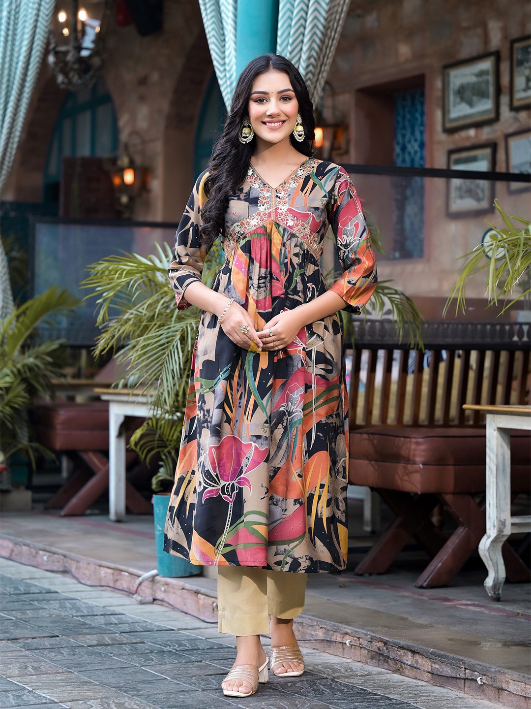 Label Khoj Floral Printed Thread Work A-Line Kurta, Black