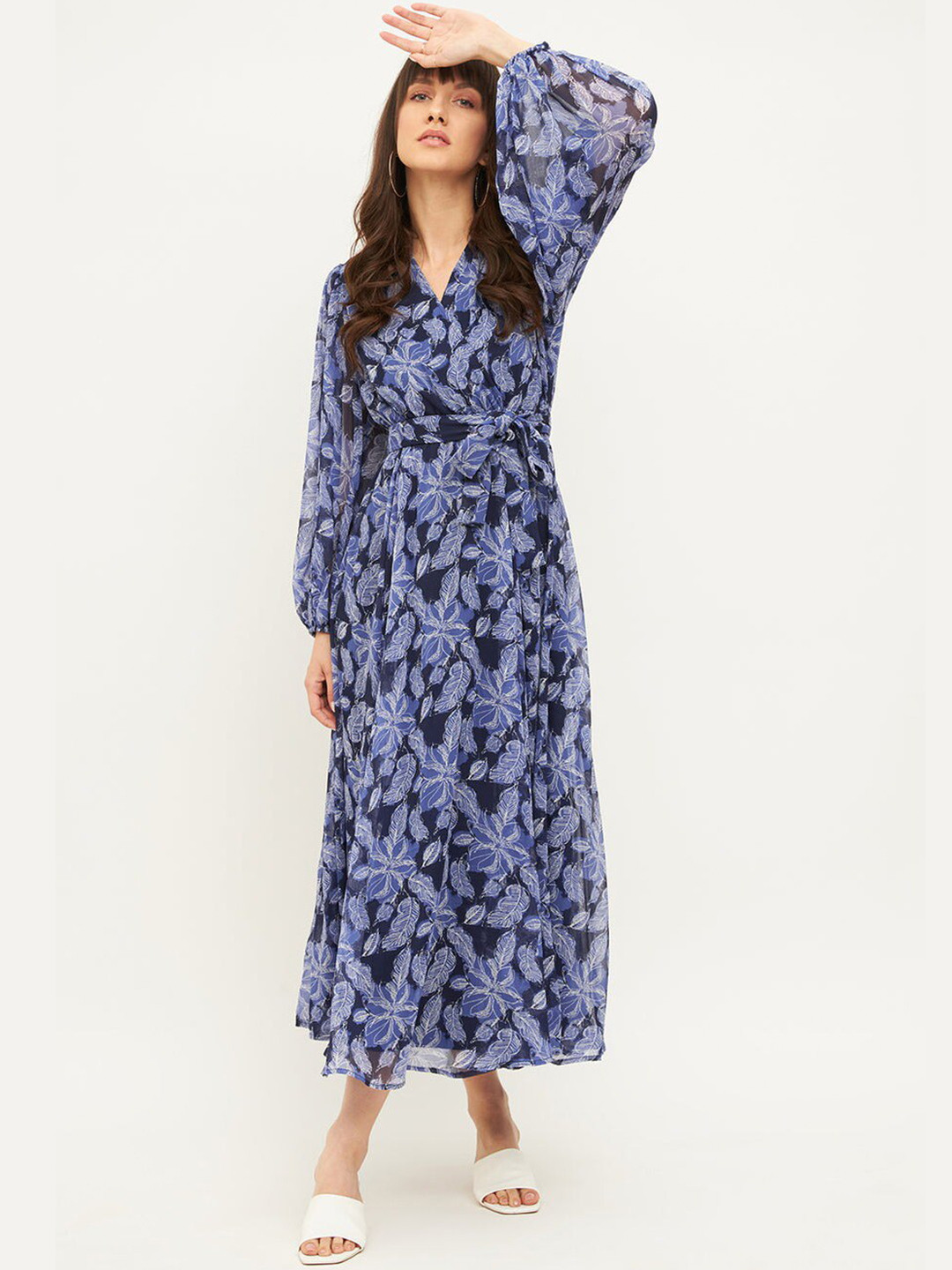 

ODETTE Floral Print V-Neck Puff Sleeve Maxi Dress, Blue
