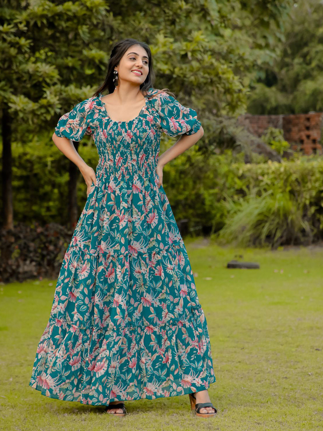 

ODETTE Floral Printed Round Neck Short Sleeves Fit & Flare Dress, Teal