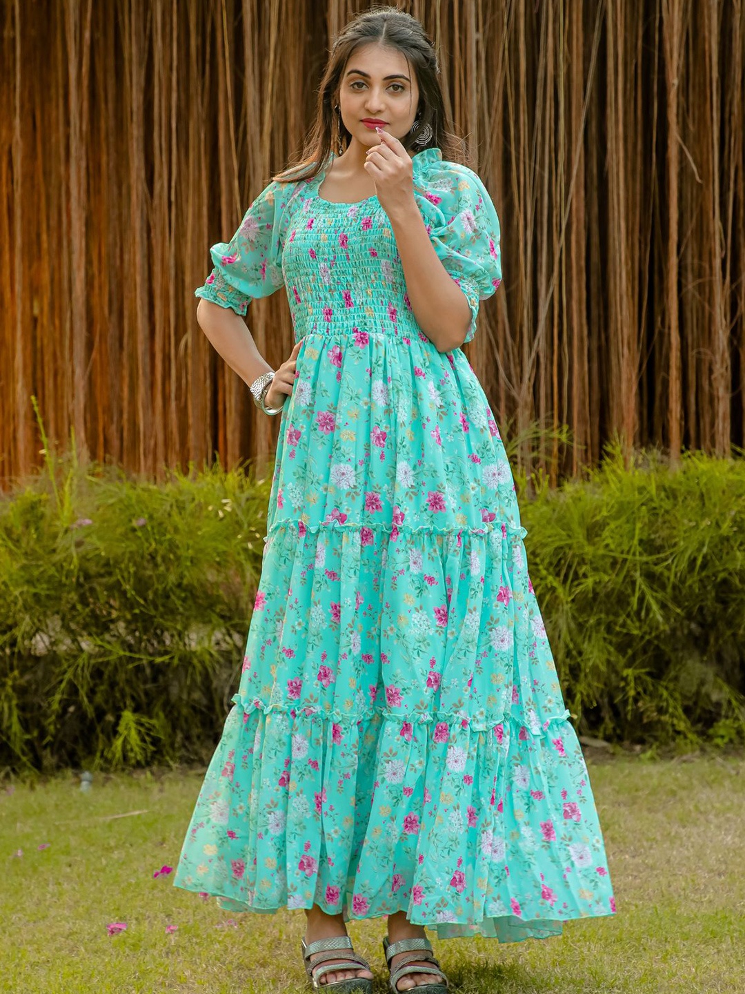 ODETTE Floral Printed Square Neck Short Sleeves Fit & Flare Dress, Teal