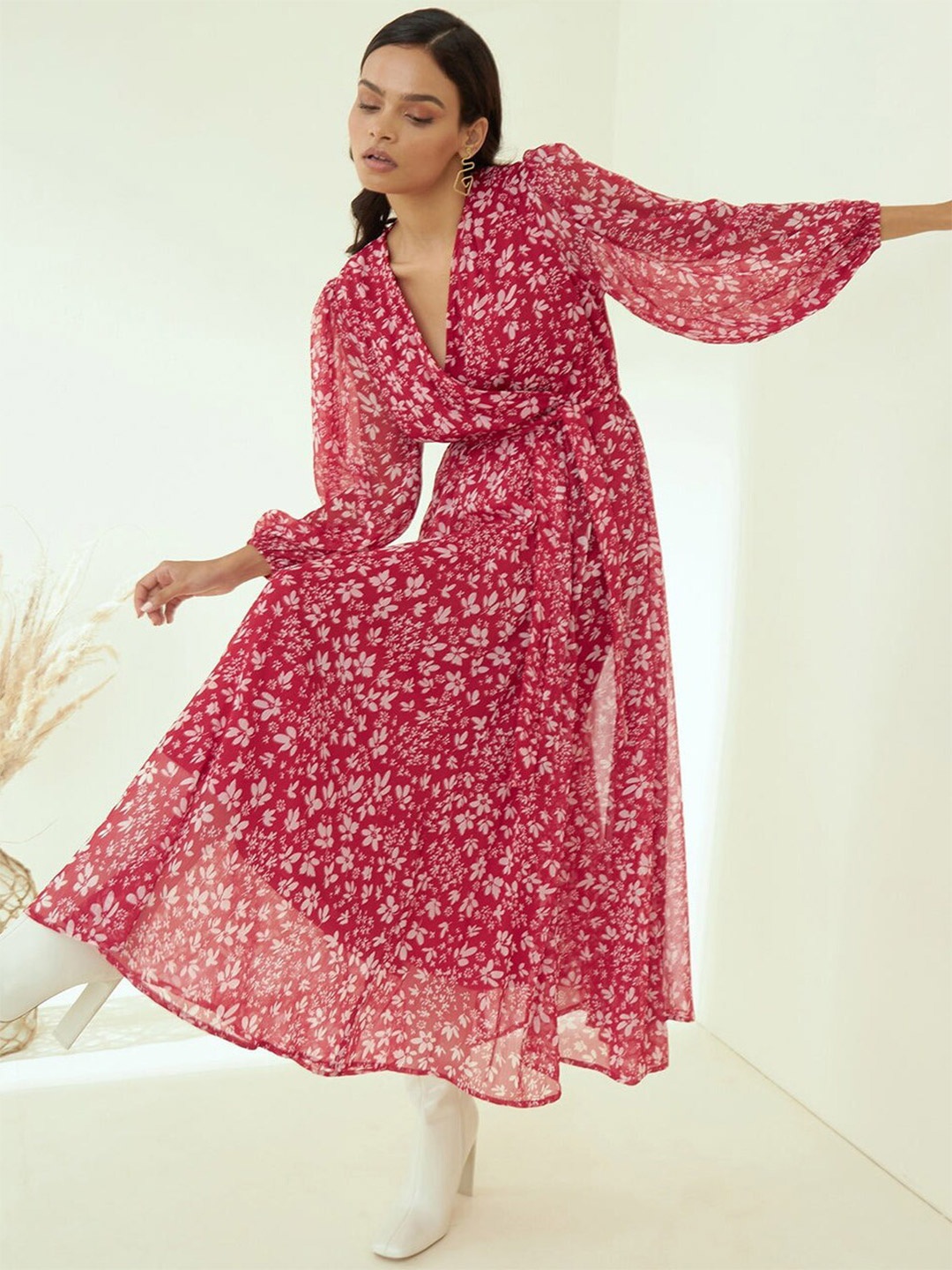 ODETTE Floral Printed V-Neck Puff Sleeve Midi Dress, Pink