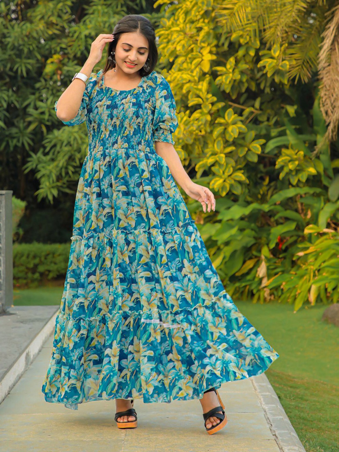 

ODETTE Floral Print Square Neck Puff Sleeves Georgette Maxi Dress, Teal