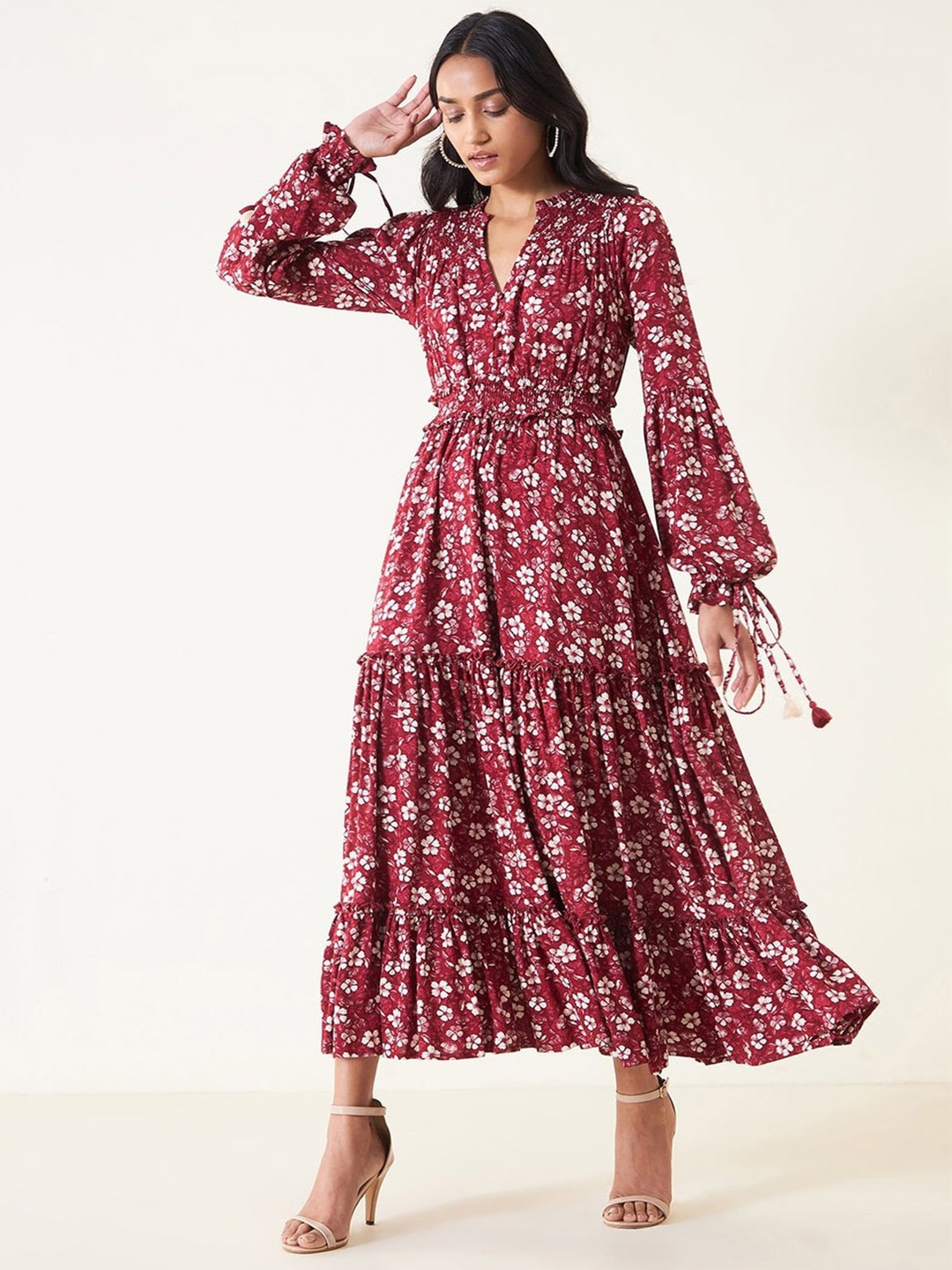 

ODETTE Floral Print Mandarin Collar Puff Sleeve Maxi Dress, Red