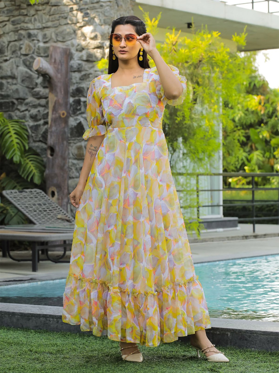 

ODETTE Floral Printed Round Neck Short Sleeves Maxi Dress, Yellow