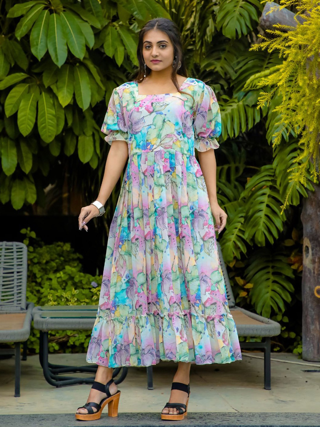 ODETTE Floral Print Square Neck Puff Sleeves Georgette Maxi Dress, Pink