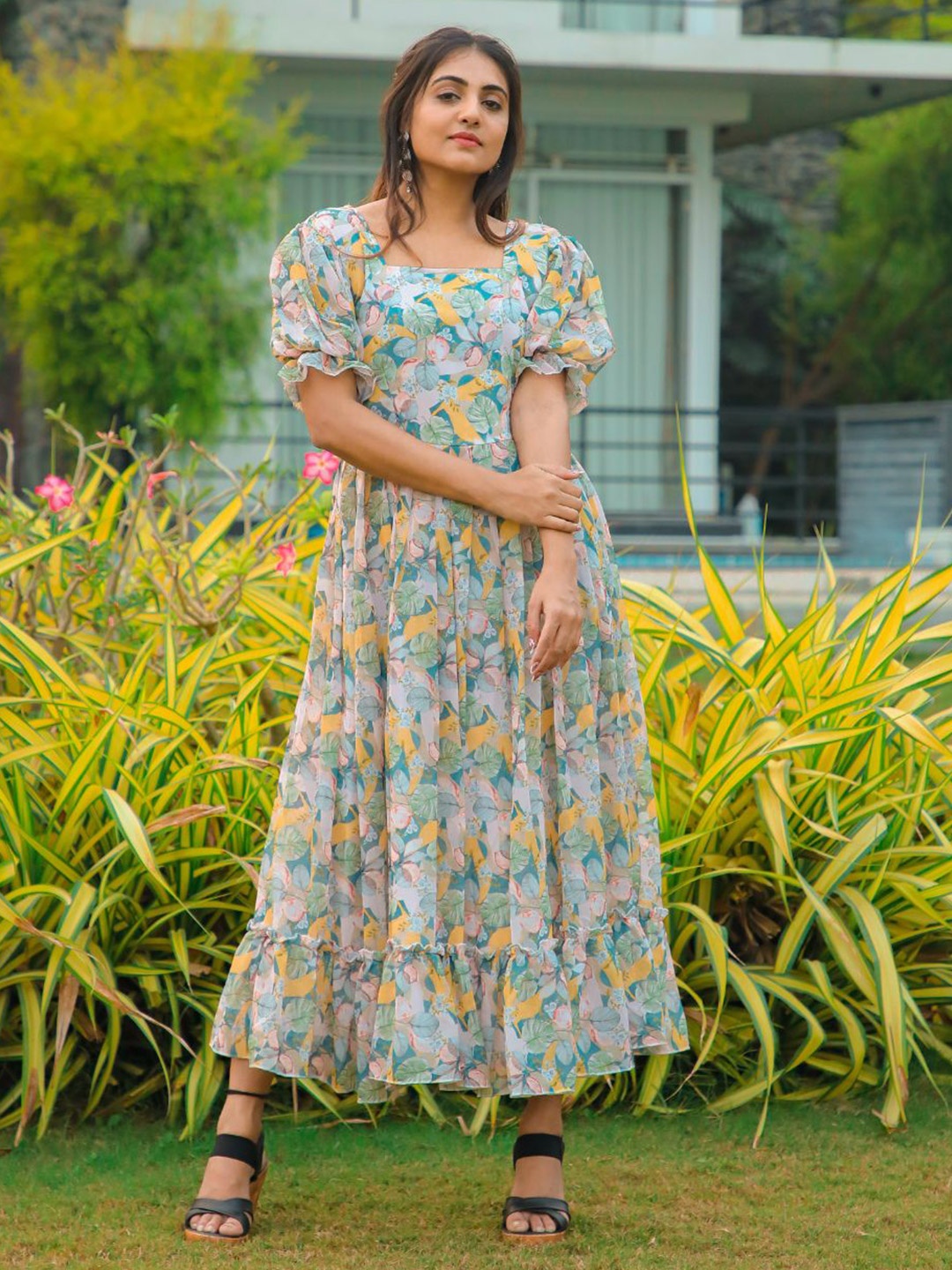

ODETTE Floral Print Georgette Square Neck Puff Sleeves Maxi Fit & Flare Dress, Teal