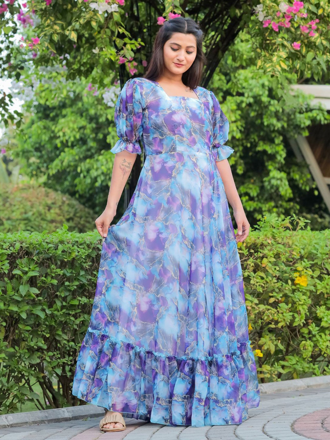 

ODETTE Floral Floral Printed Square Neck Short Sleeves Fit & Flare Dress, Purple