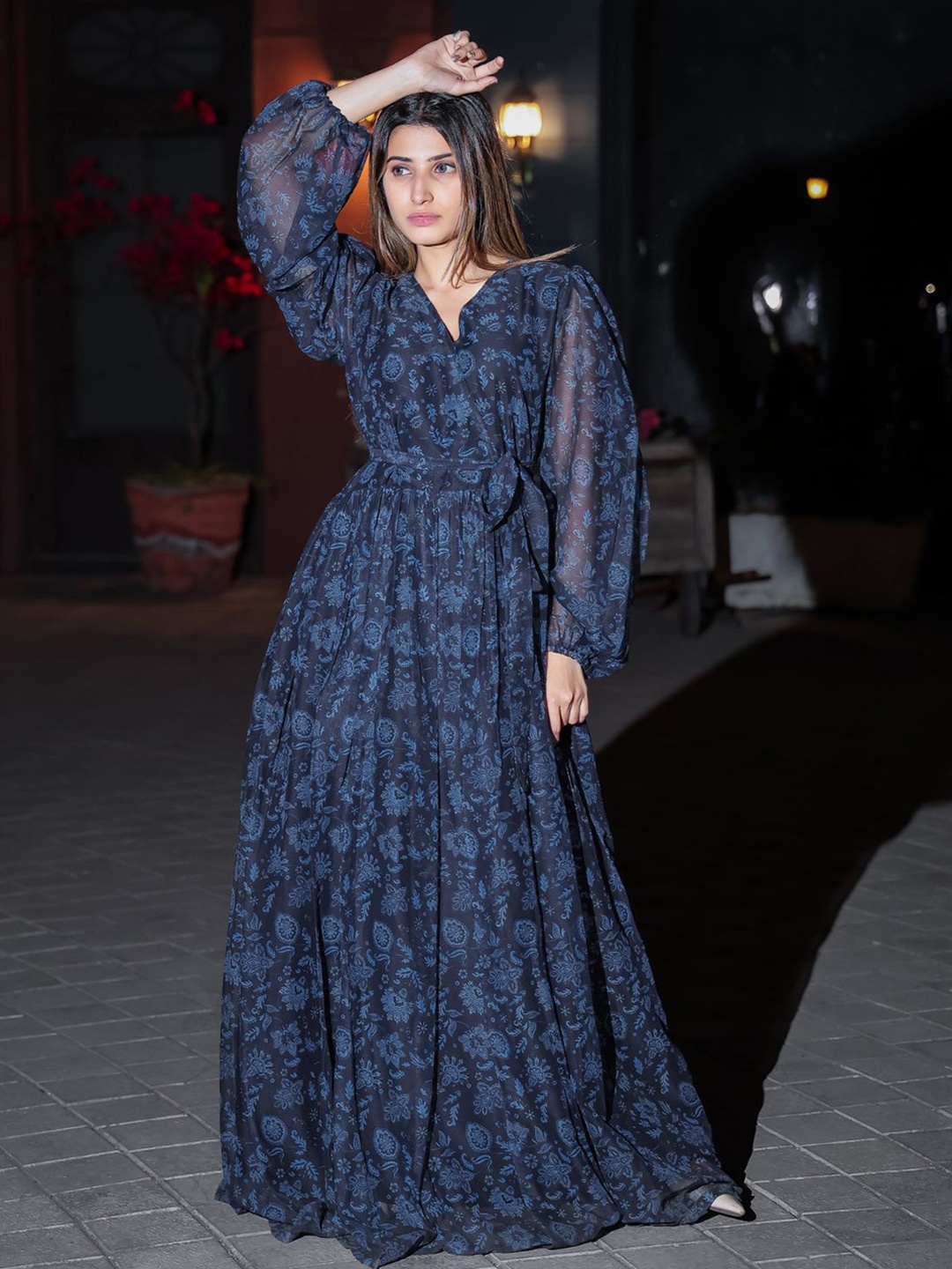 

ODETTE Floral Printed Puff Sleeves Georgette Maxi Dress, Blue