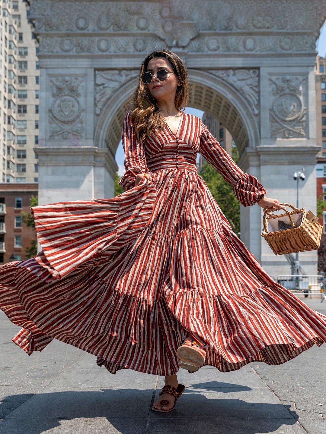 

ODETTE V-Neck Striped Flared Maxi Dress, Rust