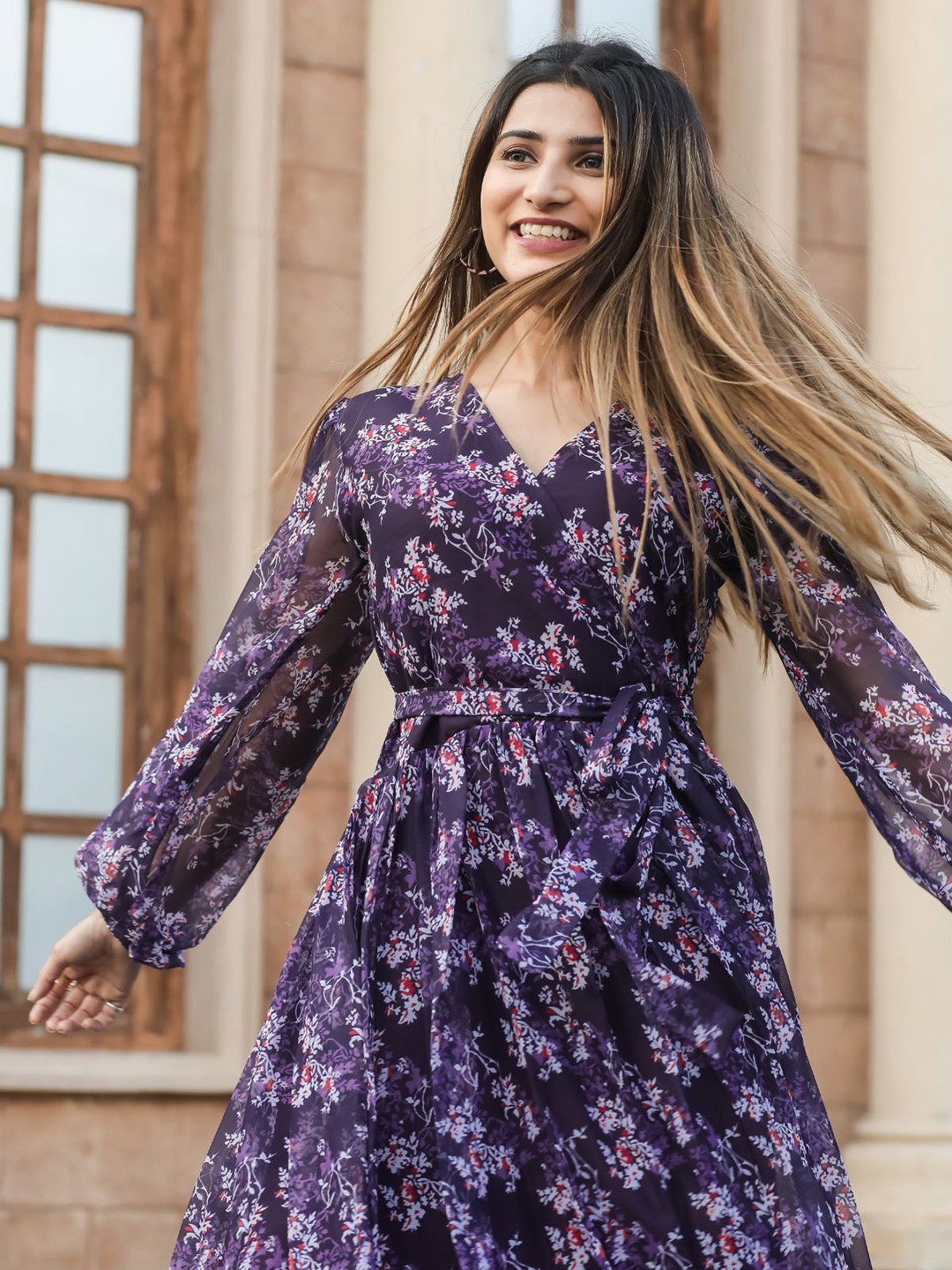 ODETTE V-Neck Floral Print Puff Sleeve Georgette Midi Dress, Purple