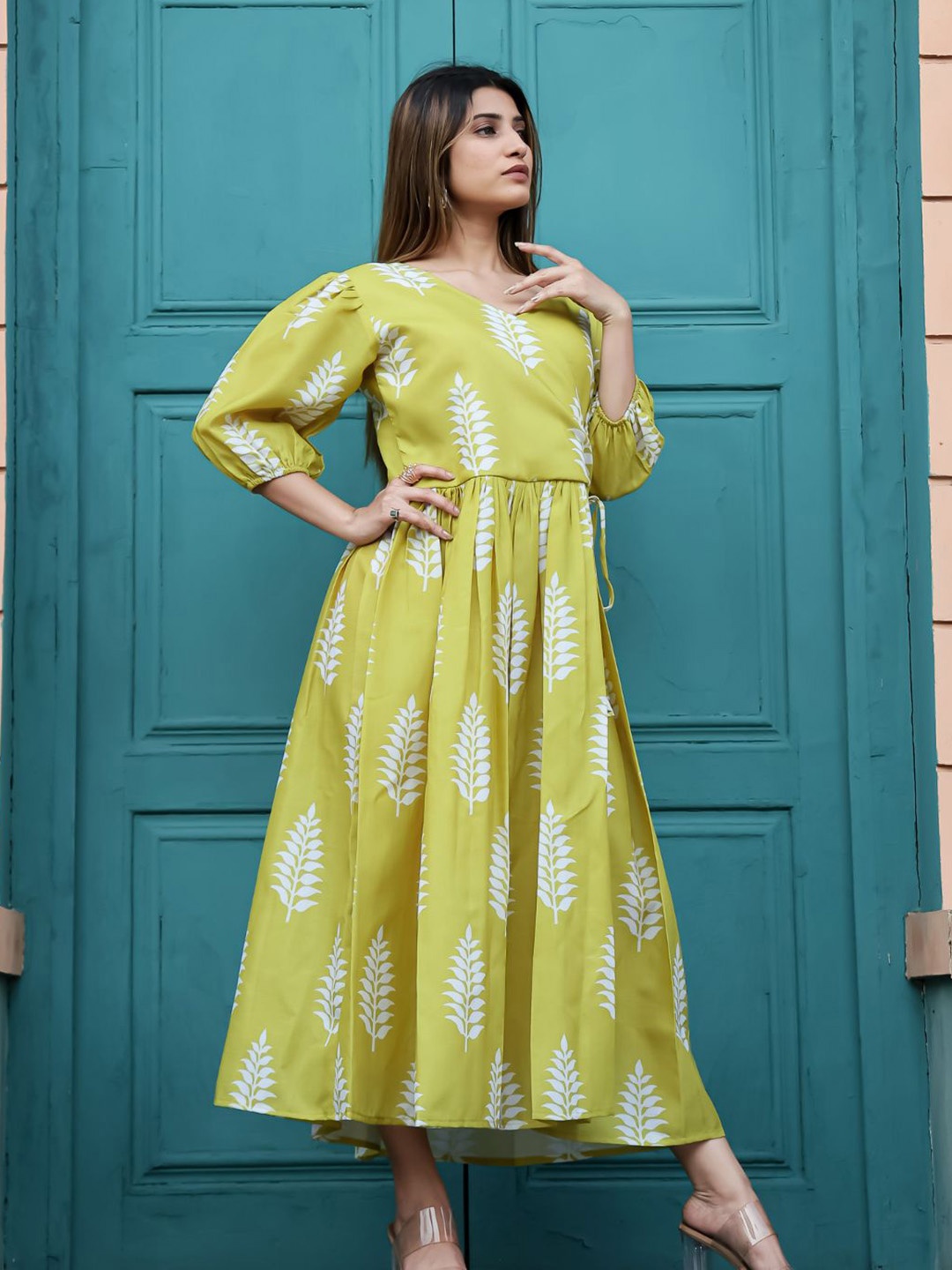ODETTE Floral Print V-Neck Puff Sleeves Georgette Maxi Dress, Olive