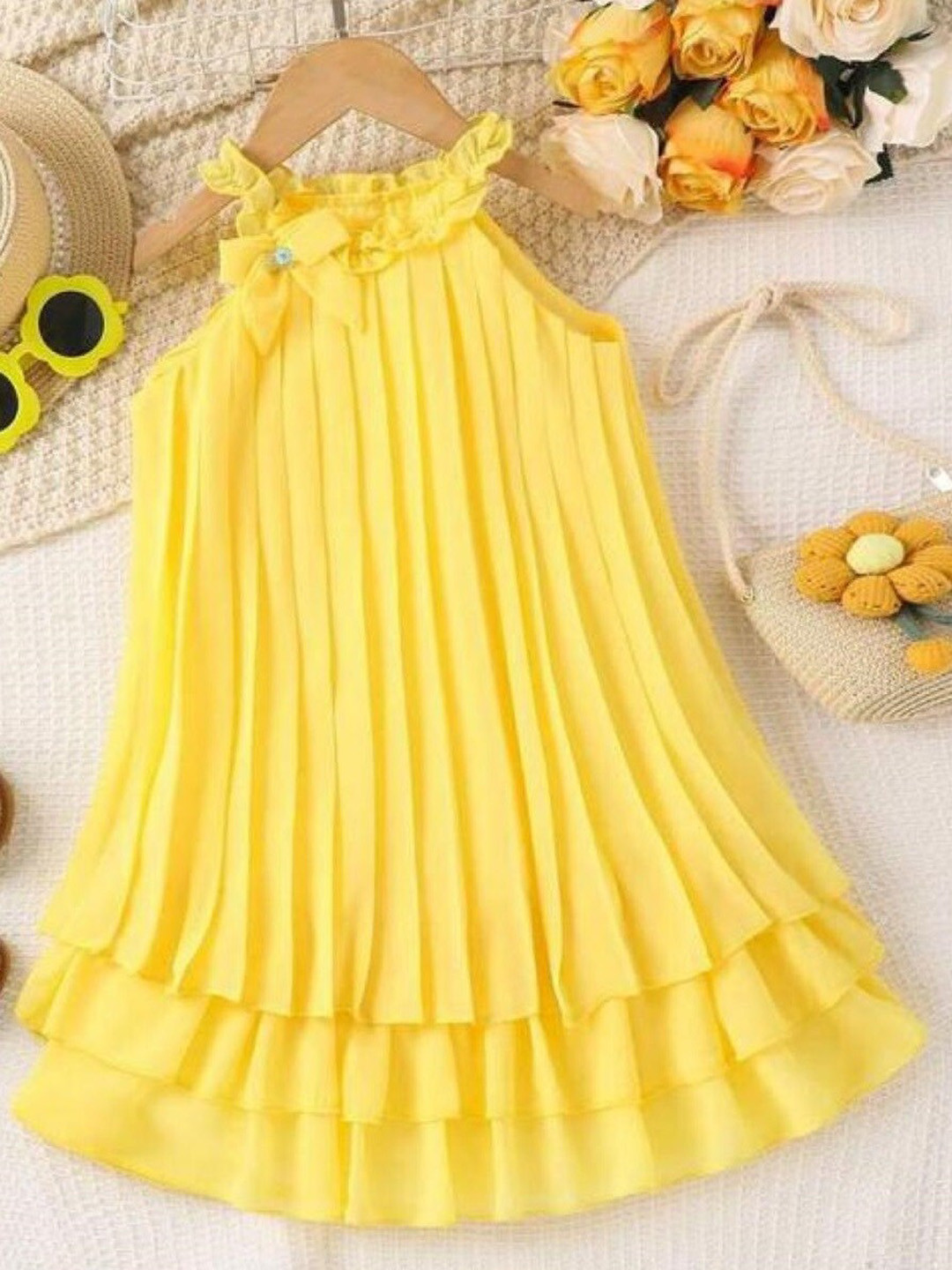 

BAESD Girls Halter Neck Pleated Detailed A-Line Dress, Yellow