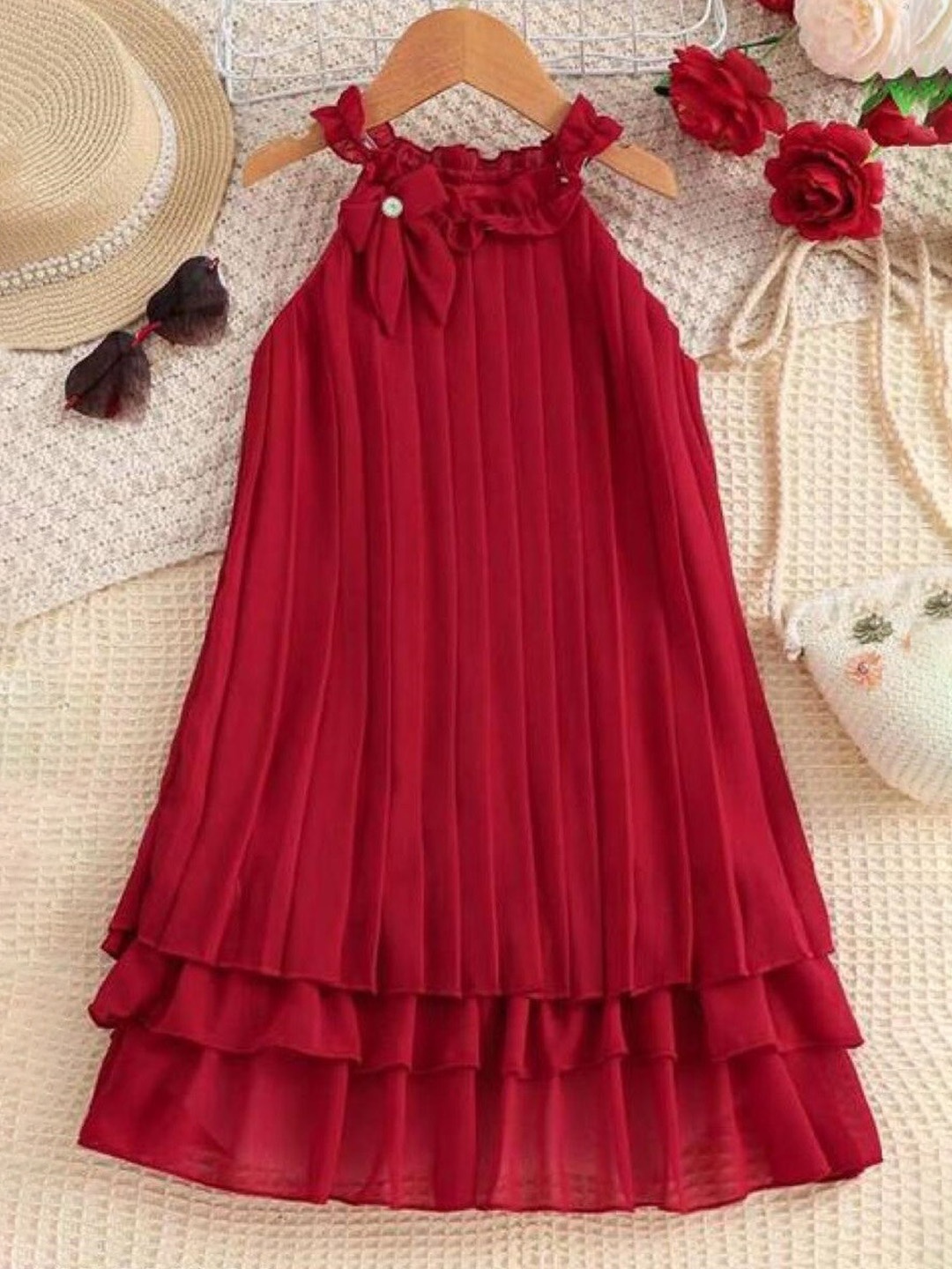 

BAESD Girls Halter Neck Pleated Detailed A-Line Dress, Red