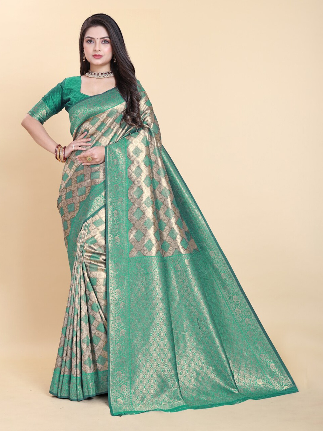 

Sitanjali Woven Design Zari Pure Silk Kanjeevaram Saree, Sea green