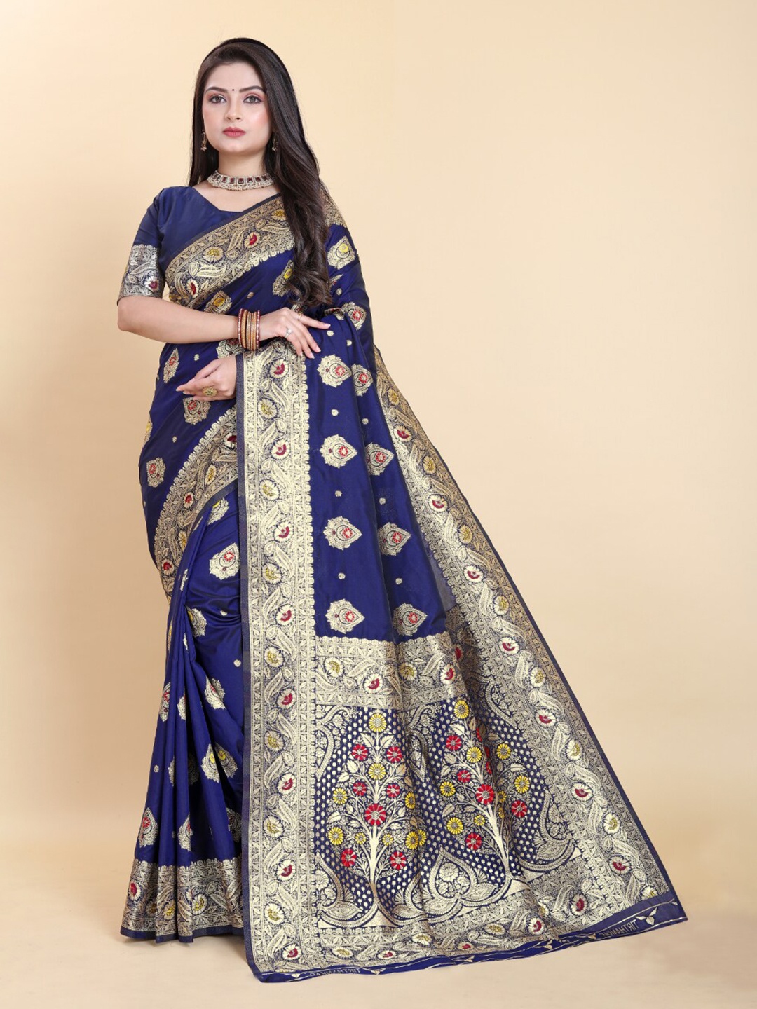 

Sitanjali Ethnic Motifs Woven Design Zari Pure Silk Kanjeevaram Saree, Navy blue