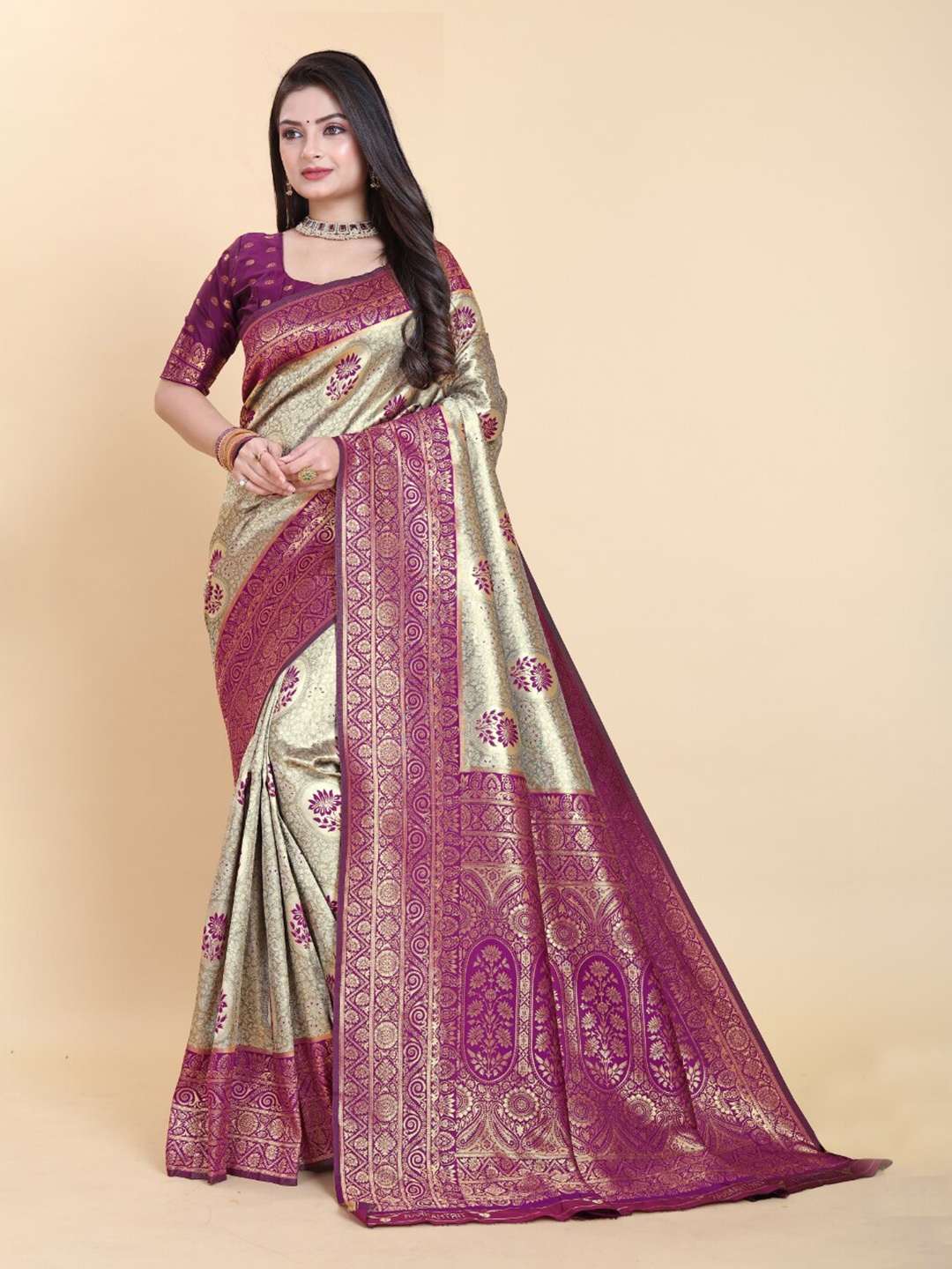

Sitanjali Floral Woven Design Zari Pure Silk Kanjeevaram Saree, Purple