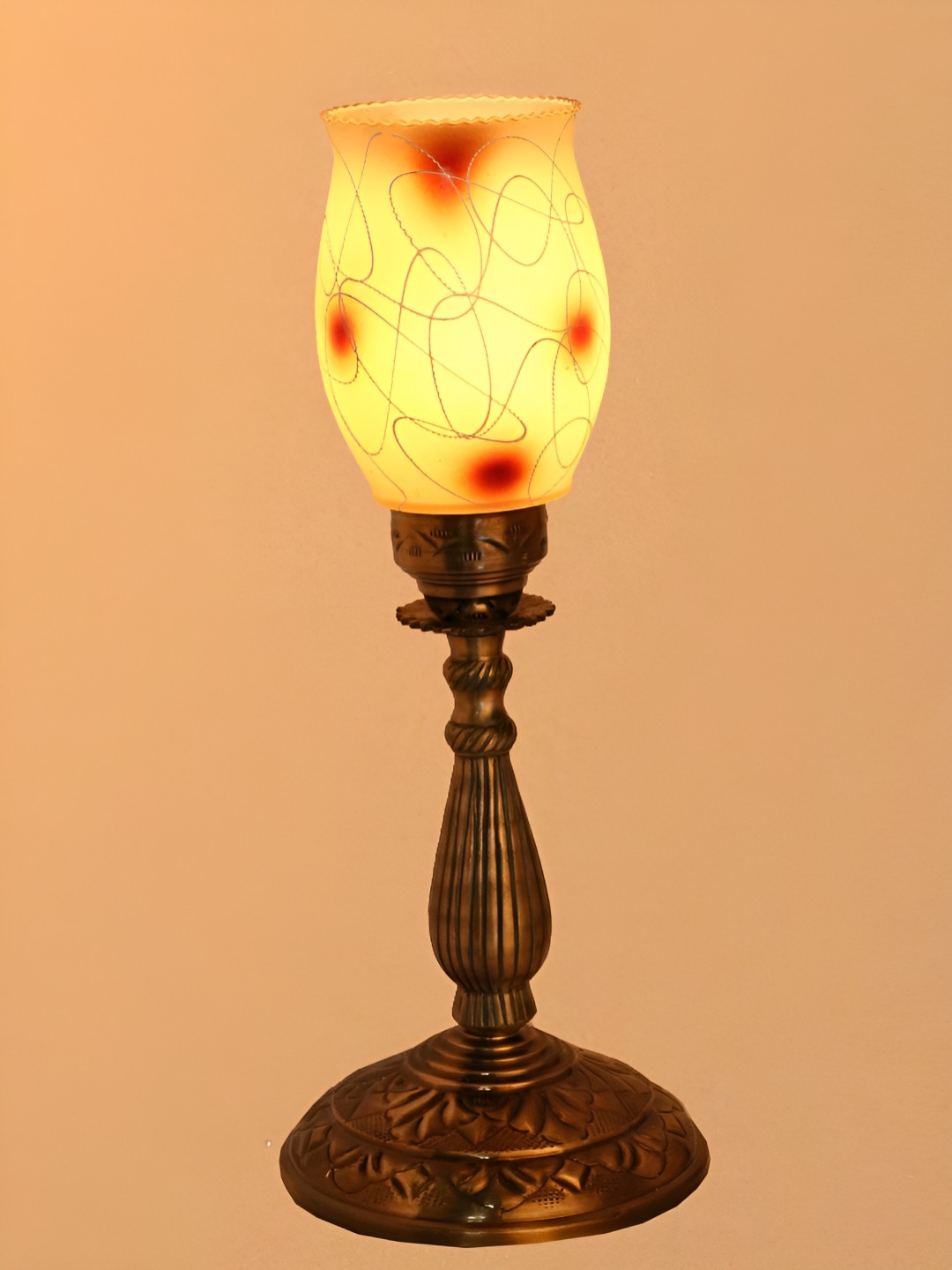 

1ST TIME Yellow & Gold-Toned Printed Metal Traditional Abstract Shaped Table Lamp