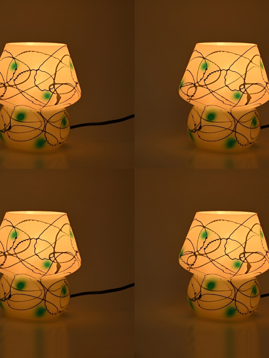 1ST TIME Yellow & Green 4 Pieces Printed Metal Traditional Abstract Shaped Table Lamps