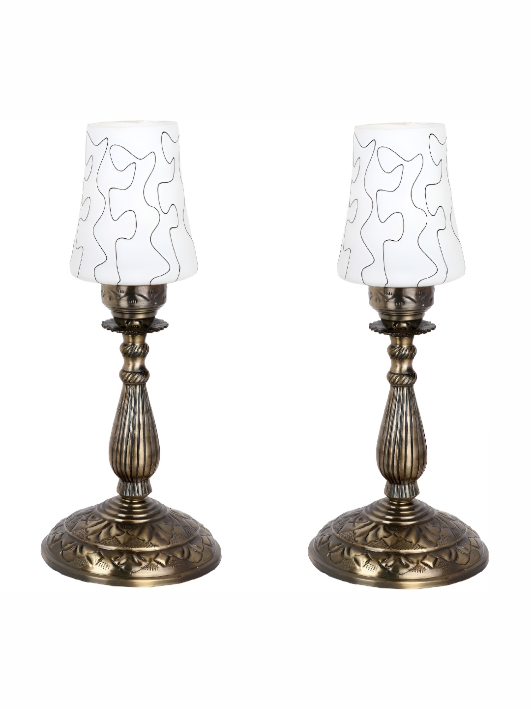 

1ST TIME White & Black 2 Pieces Printed Metal Traditional Bell Shaped Table Lamps