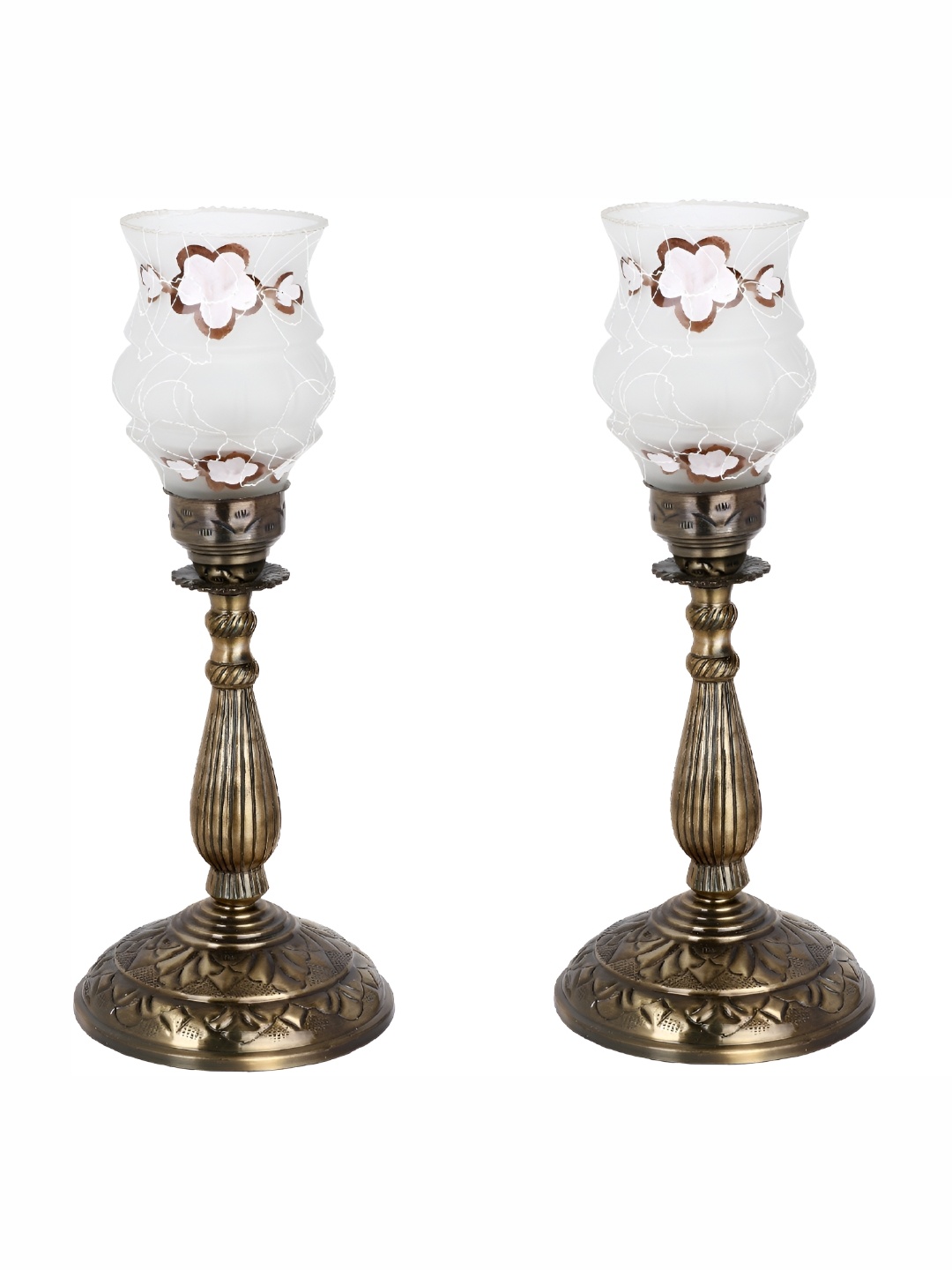 

1ST TIME White & Brown 2 Pieces Printed Abstract Shaped Metal Table Lamps