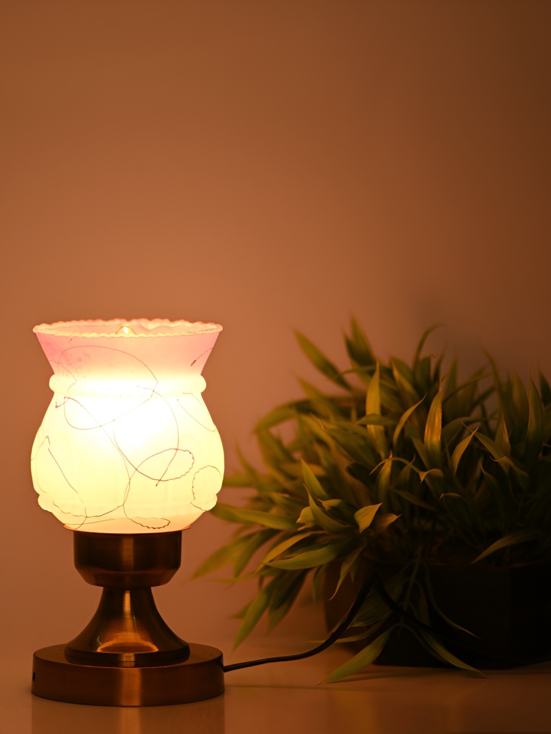 

1ST TIME Yellow Printed Metal Traditional Bell Shaped Table Lamp