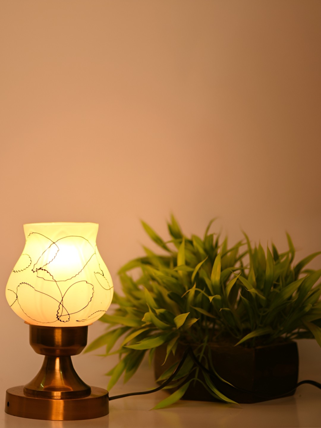 

1ST TIME Black & White Printed Metal Traditional Bell Shaped Table Lamp