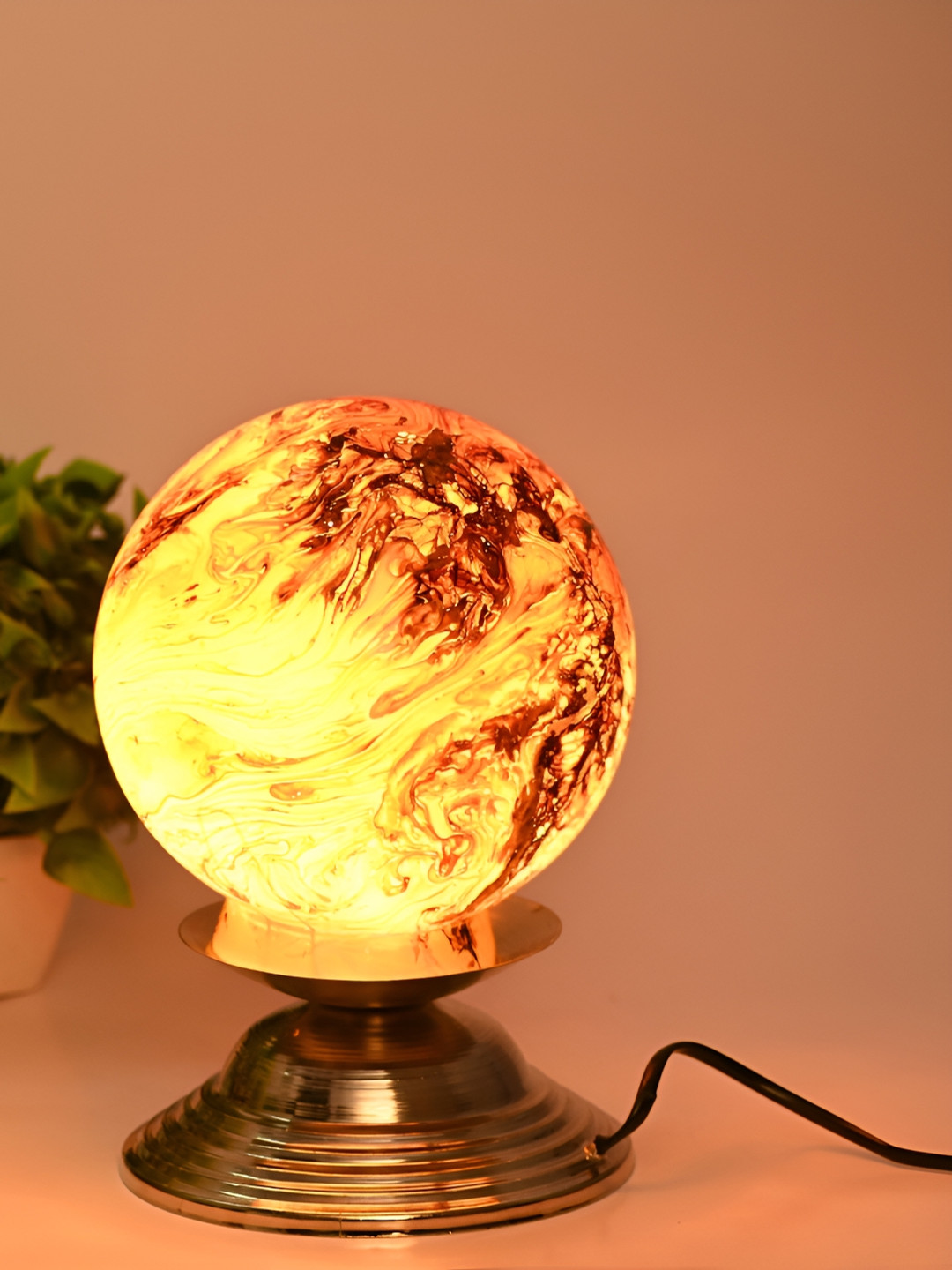 

1ST TIME Yellow & Brown Printed Spherical Shaped Contemporary Table Lamp
