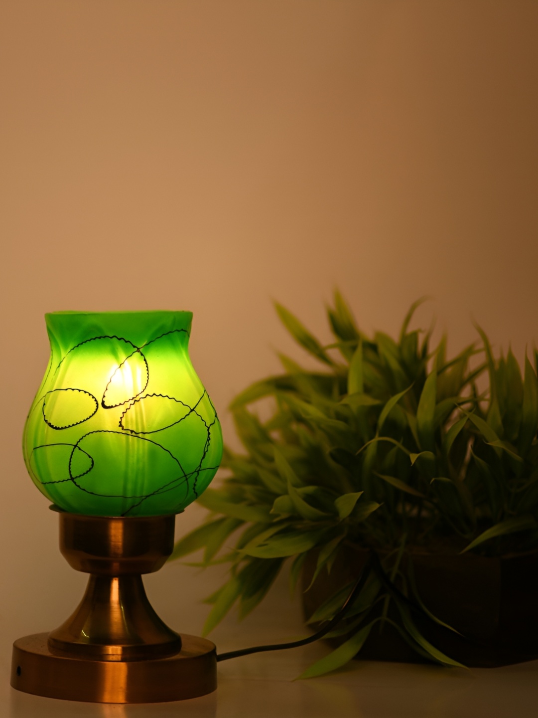 

1ST TIME Black & Green Printed Traditional Bell Shaped Table Lamp