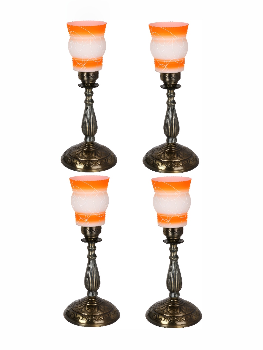 

1ST TIME Orange & White 4 Pieces Printed Metal Traditional Bell Shaped Table Lamps