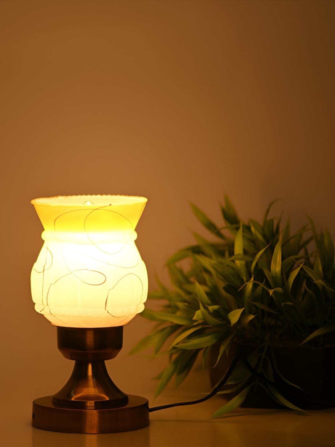 1ST TIME Yellow Printed Metal Traditional Bell Shaped Table Lamp