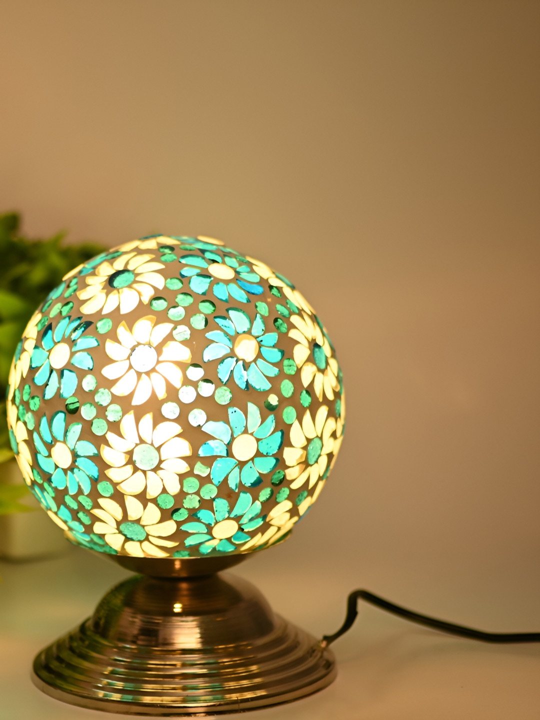

1ST TIME Green & Gold Toned Textured Traditional Spherical Table Lamp