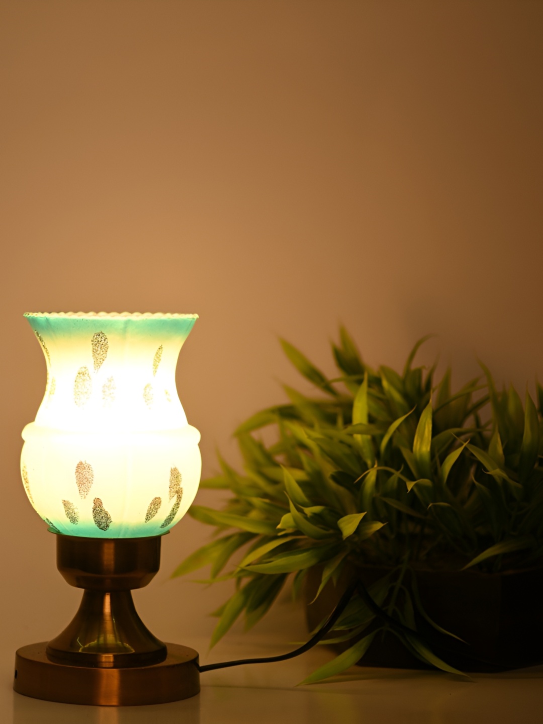 

1ST TIME Green Printed Metal Contemporary Bell Shaped Table Lamp