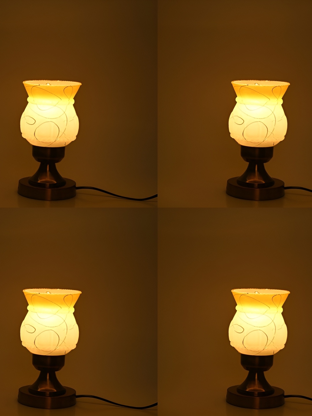 

1ST TIME White & Orange 4Pcs Printed Metal Traditional Bell Shaped Table Lamps