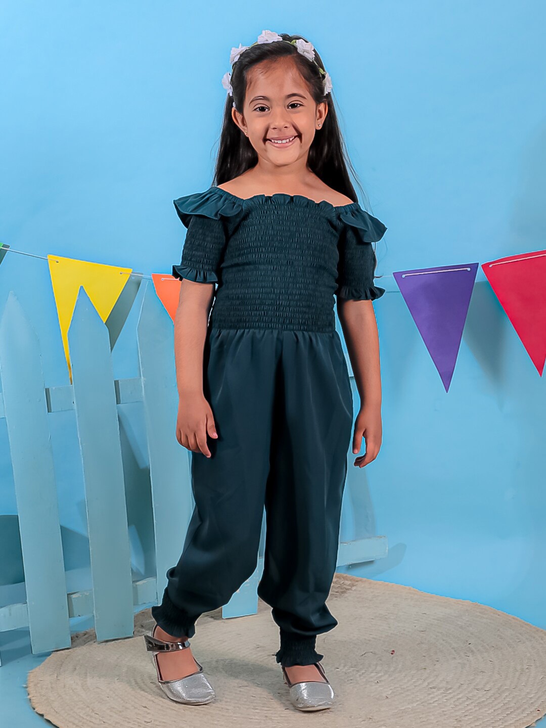 

Stuffie Land Girls Square Neck Basic Jumpsuit, Teal