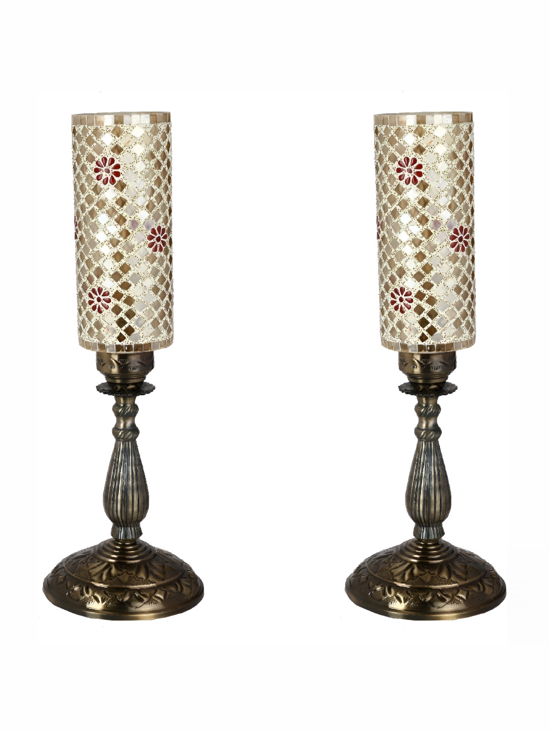 

1ST TIME Gold-Toned 2 Pcs Textured Metal Contemporary Cylindrical Shaped Table Lamp